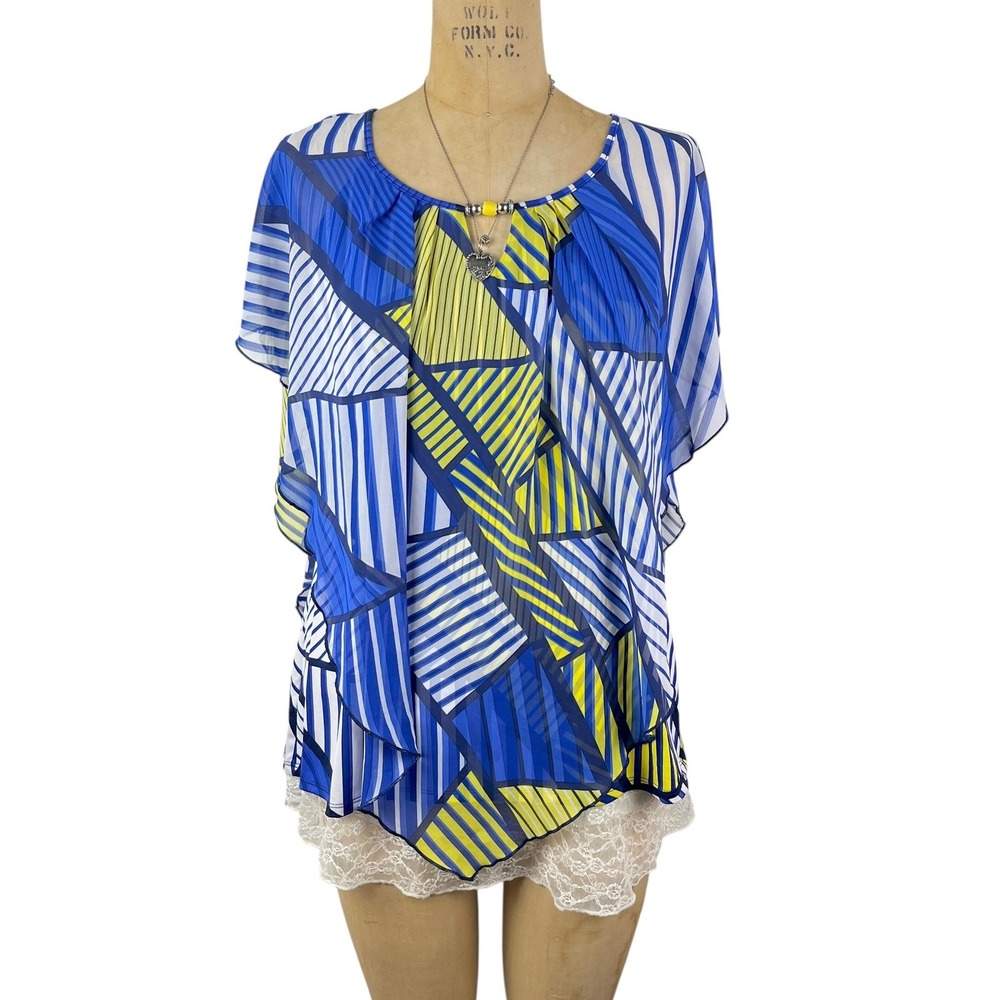 Retro Blouse Geometric Layered Chiffon Women Large Vintage 70's‎ Layered Party
